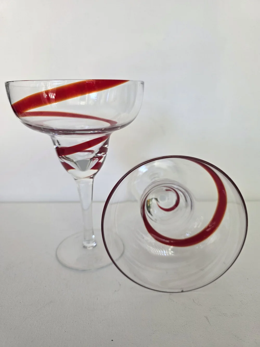 Vintage Pier 1 Clear Coupe Glasses with Red Swirl Accent - Set of 2